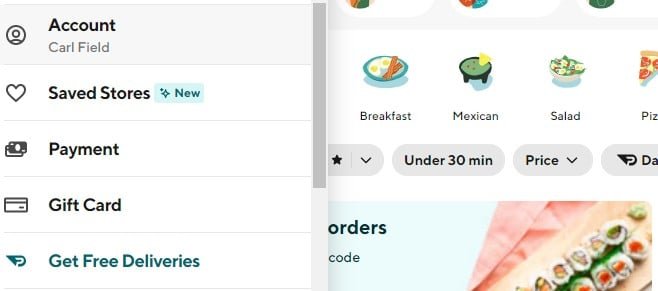 DoorDash Account Screen