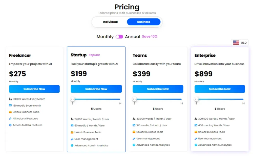 araby ai pricing plans for business