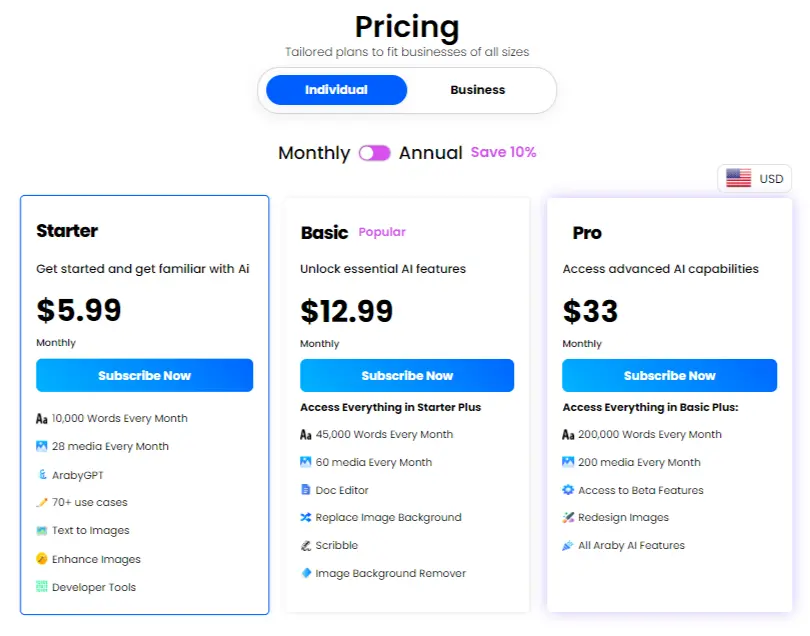 araby ai pricing plans for individual